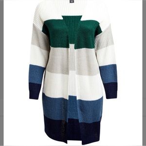 Striped Open-Front Long Cardigan Sweater - Green/White/Blue